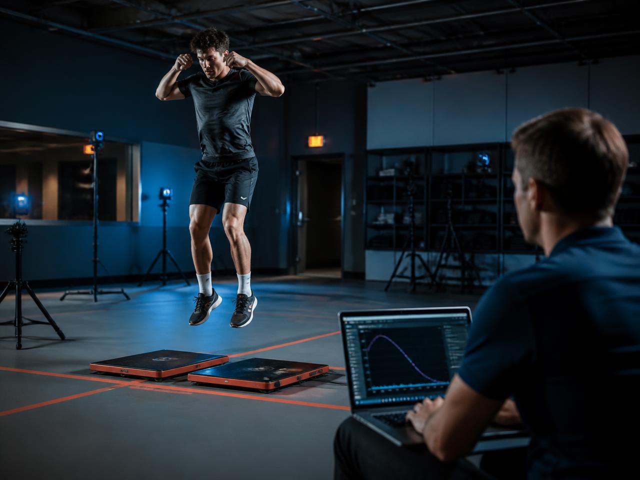 Athlete performing a countermovement jump on force plates while a sports scientist reviews the data